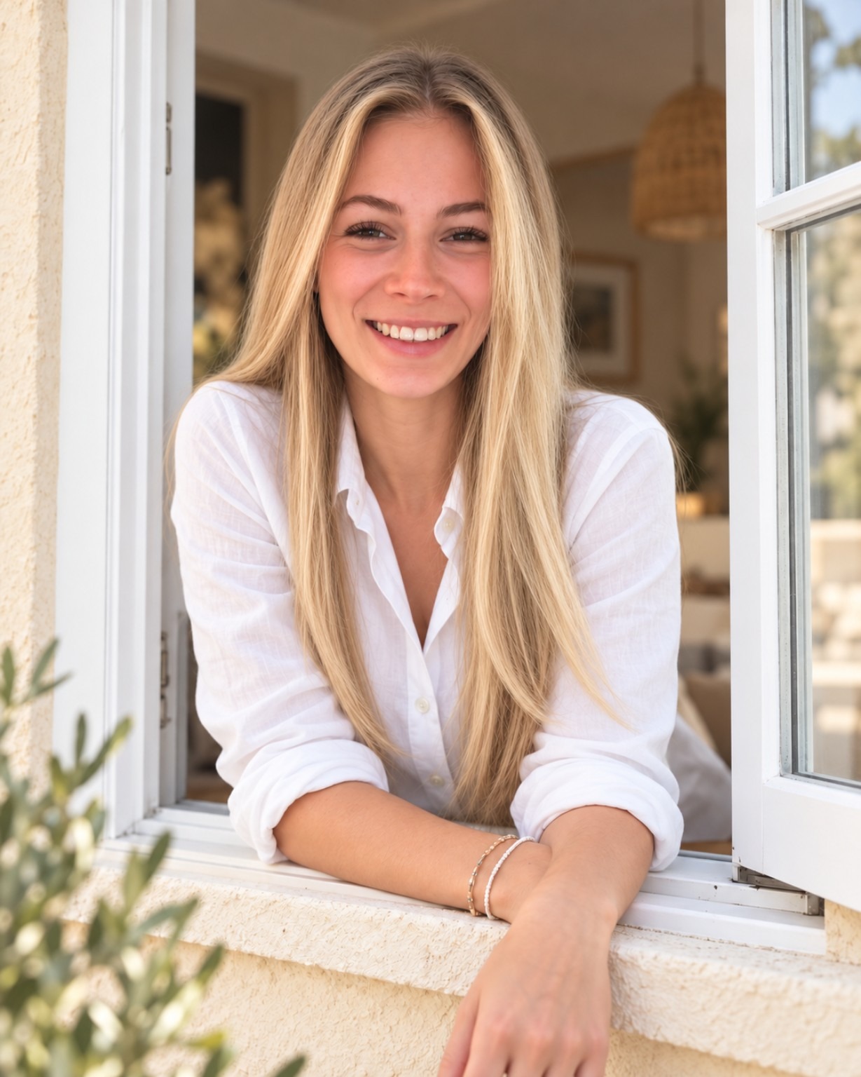 Josefine Höhne lächelt am offenen Fenster